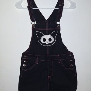Black Denim Overalls with Kawaii Cat Design
